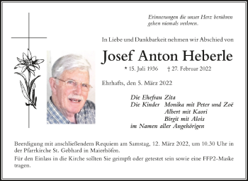 Anzeige von Josef Anton Heberle von Schwäbische Zeitung