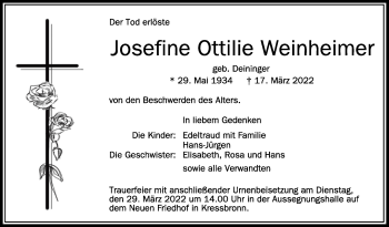 Anzeige von Josefine Ottilie Weinheimer von Schwäbische Zeitung