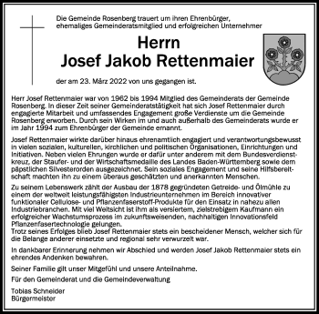 Anzeige von Josef Jakob Rettenmaier von Schwäbische Zeitung