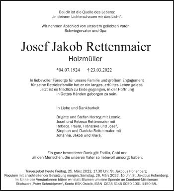 Anzeige von Josef Jakob Rettenmaier von Schwäbische Zeitung