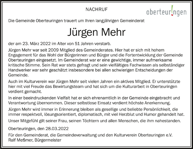  Traueranzeige für Jürgen Mehr vom 30.03.2022 aus Schwäbische Zeitung