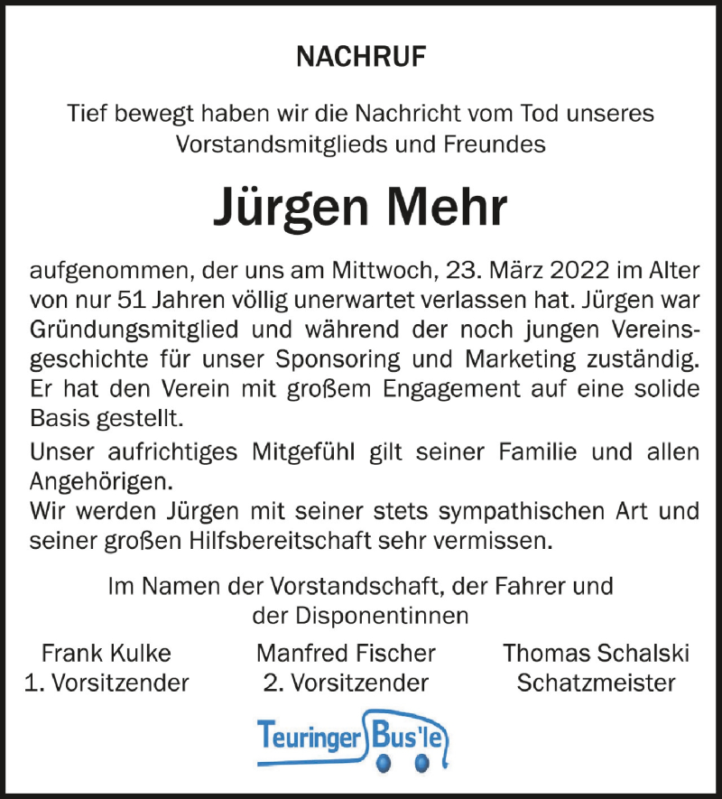  Traueranzeige für Jürgen Mehr vom 30.03.2022 aus Schwäbische Zeitung