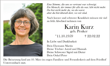 Anzeige von Karin Kurz von Schwäbische Zeitung