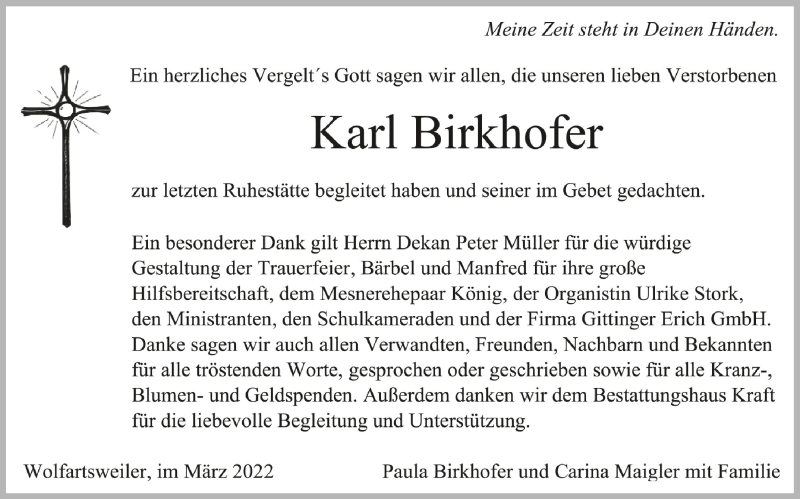 Traueranzeigen Von Karl Birkhofer | Schwaebische.de Trauerportal