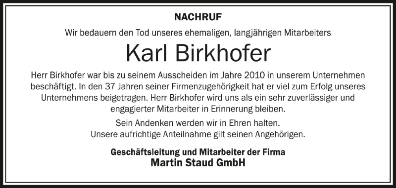  Traueranzeige für Karl Birkhofer vom 03.03.2022 aus Schwäbische Zeitung