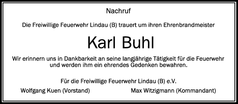  Traueranzeige für Karl Buhl vom 12.03.2022 aus Schwäbische Zeitung