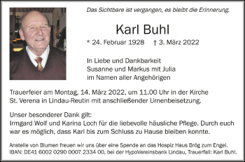 Anzeige von Karl Buhl von Schwäbische Zeitung