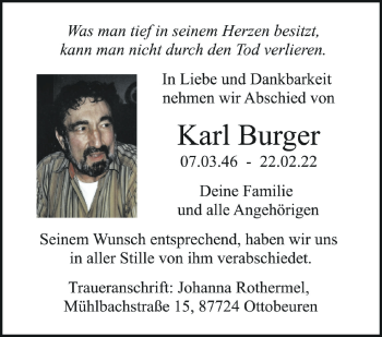 Anzeige von Karl Burger von Schwäbische Zeitung