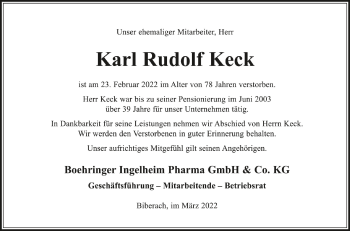 Anzeige von Karl Rudolf Keck von Schwäbische Zeitung