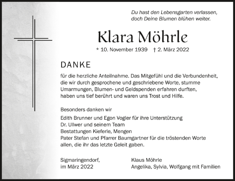  Traueranzeige für Klara Möhrle vom 26.03.2022 aus Schwäbische Zeitung