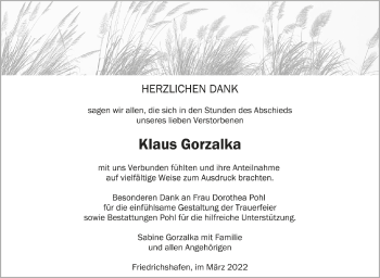 Anzeige von Klaus Gorzalka von Schwäbische Zeitung