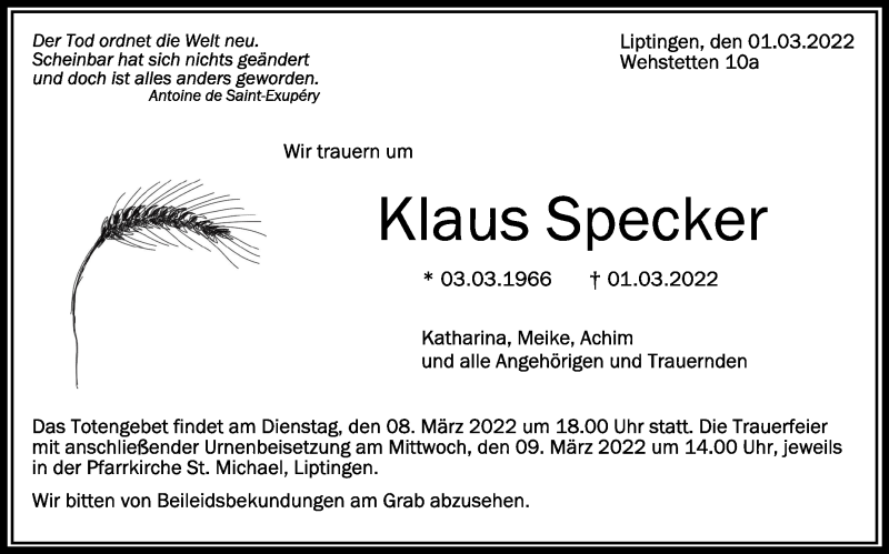  Traueranzeige für Klaus Specker vom 05.03.2022 aus Schwäbische Zeitung