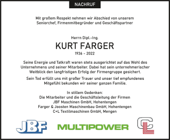 Anzeige von Kurt Farger von Schwäbische Zeitung