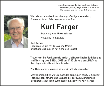 Anzeige von Kurt Farger von Schwäbische Zeitung