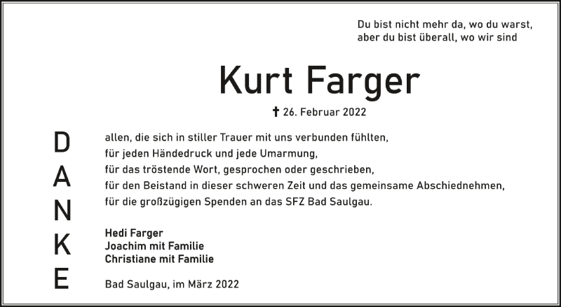  Traueranzeige für Kurt Farger vom 19.03.2022 aus Schwäbische Zeitung