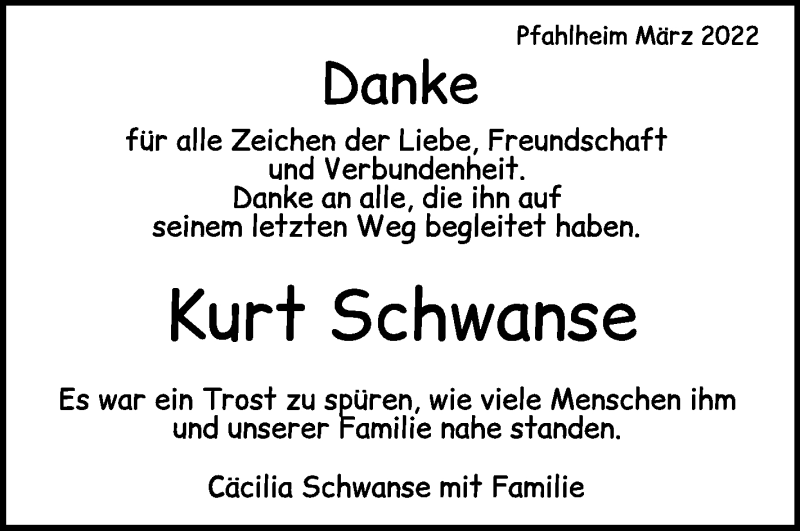  Traueranzeige für Kurt Schwanse vom 04.03.2022 aus Schwäbische Zeitung