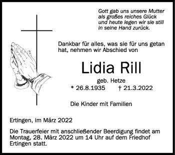 Anzeige von Lidia Rill von Schwäbische Zeitung