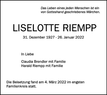 Anzeige von Liselotte Riempp von Schwäbische Zeitung