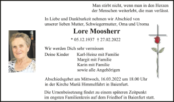 Anzeige von Lore Moosherr von Schwäbische Zeitung