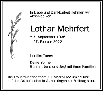 Anzeige von Lothar Mehrfert von Schwäbische Zeitung