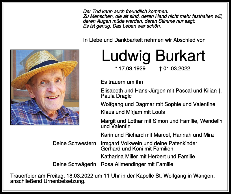  Traueranzeige für Ludwig Burkart vom 12.03.2022 aus Schwäbische Zeitung