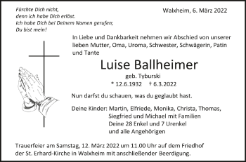 Anzeige von Luise Ballheimer von Schwäbische Zeitung