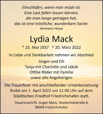 Anzeige von Lydia Mack von Schwäbische Zeitung