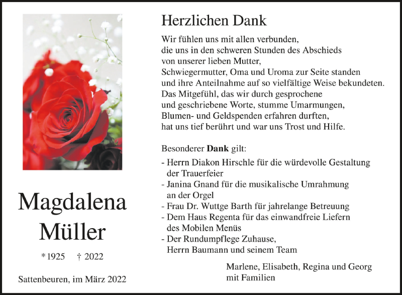  Traueranzeige für Magdalena Müller vom 12.03.2022 aus Schwäbische Zeitung