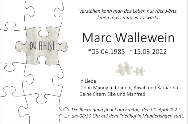  Traueranzeige für Marc Wallewein vom 30.03.2022 aus Schwäbische Zeitung