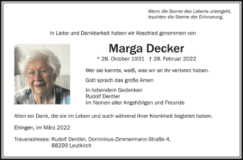 Anzeige von Marga Decker von Schwäbische Zeitung