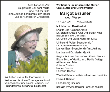 Anzeige von Margot Bräuner von Schwäbische Zeitung