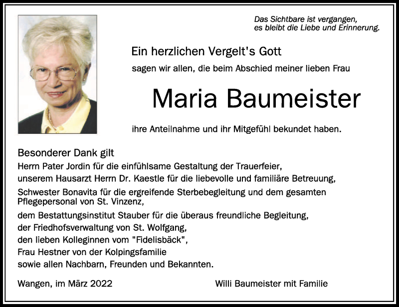  Traueranzeige für Maria Baumeister vom 12.03.2022 aus Schwäbische Zeitung