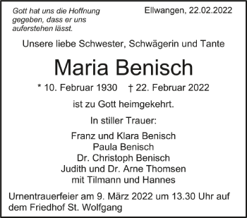 Anzeige von Maria Benisch von Schwäbische Zeitung