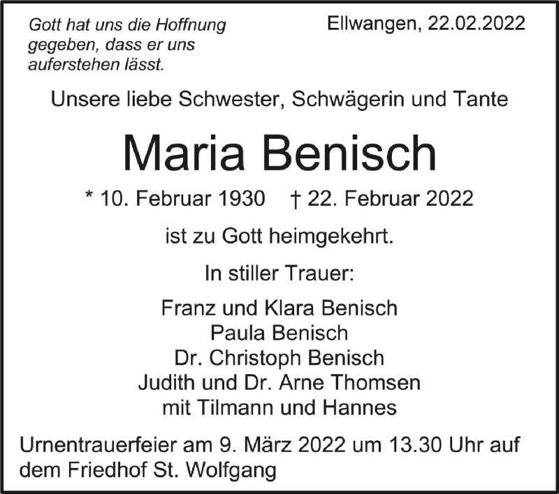  Traueranzeige für Maria Benisch vom 07.03.2022 aus Schwäbische Zeitung