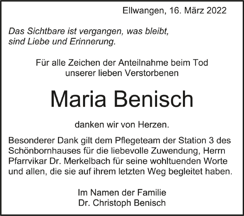  Traueranzeige für Maria Benisch vom 16.03.2022 aus Schwäbische Zeitung