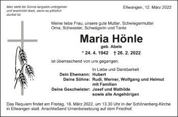 Anzeige von Maria Hönle von Schwäbische Zeitung