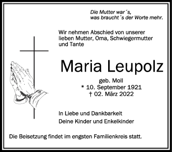 Anzeige von Maria Leupolz von Schwäbische Zeitung