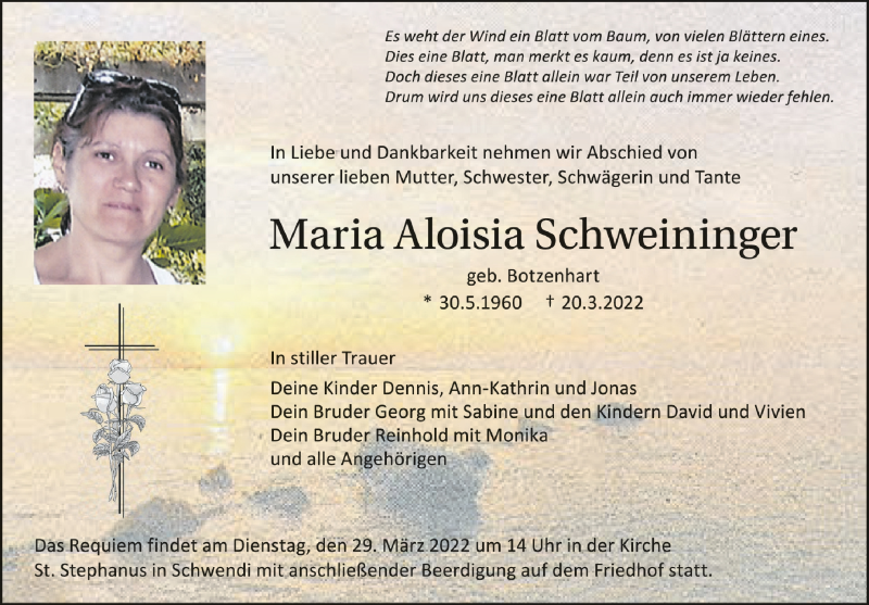  Traueranzeige für Maria Aloisia Schweininger vom 25.03.2022 aus Schwäbische Zeitung