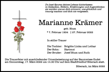 Anzeige von Marianne Krämer von Schwäbische Zeitung