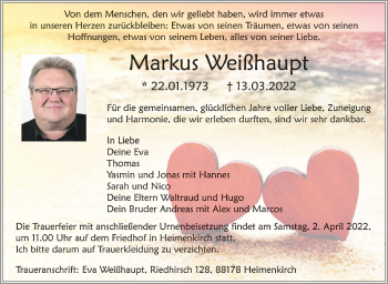 Anzeige von Markus Weißhaupt von Schwäbische Zeitung