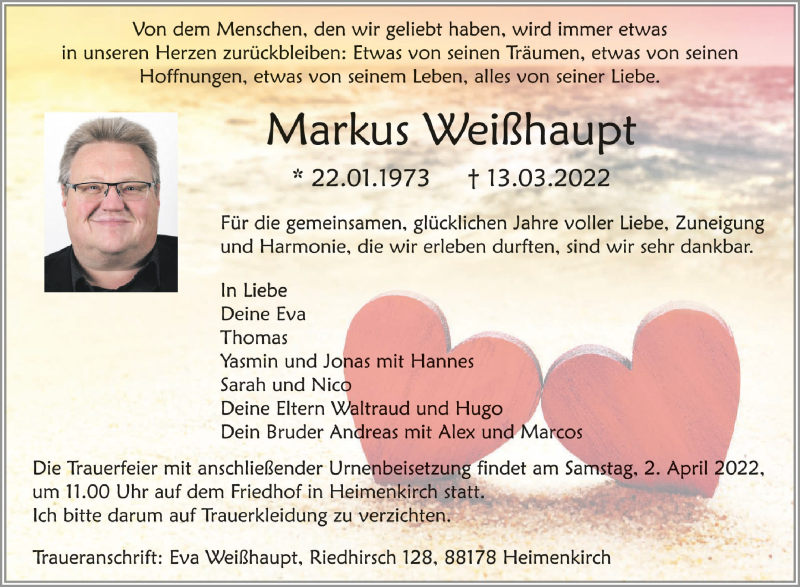  Traueranzeige für Markus Weißhaupt vom 26.03.2022 aus Schwäbische Zeitung