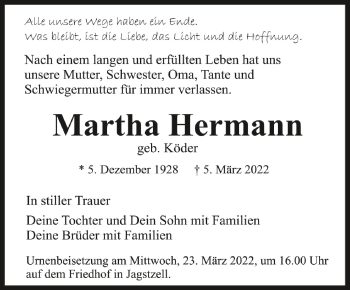 Anzeige von Martha Hermann von Schwäbische Zeitung