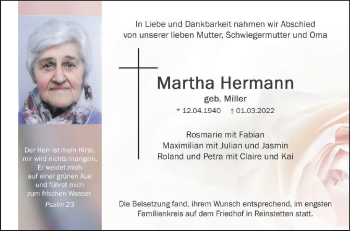 Anzeige von Martha Hermann von Schwäbische Zeitung