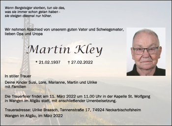 Anzeige von Martin Kley von Schwäbische Zeitung