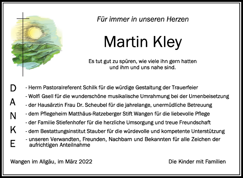  Traueranzeige für Martin Kley vom 19.03.2022 aus Schwäbische Zeitung