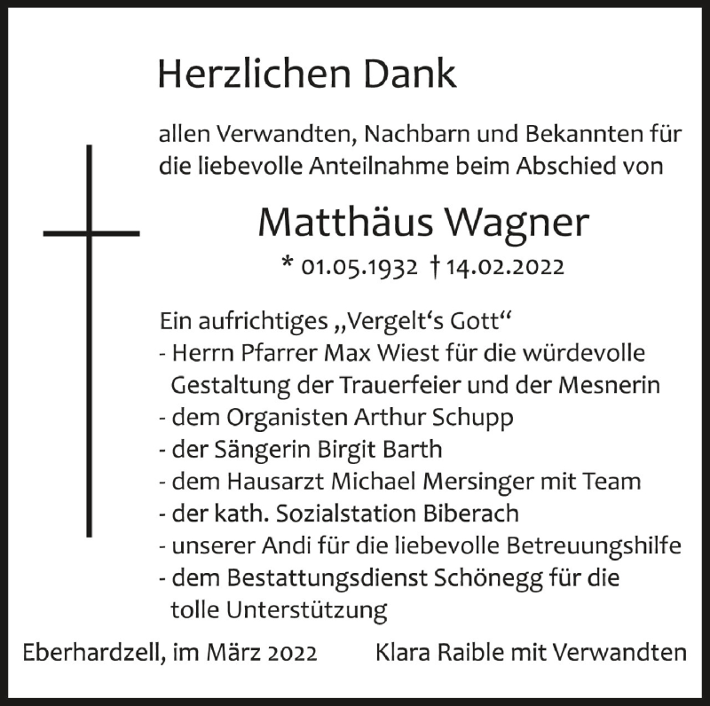  Traueranzeige für Matthäus Wagner vom 05.03.2022 aus Schwäbische Zeitung