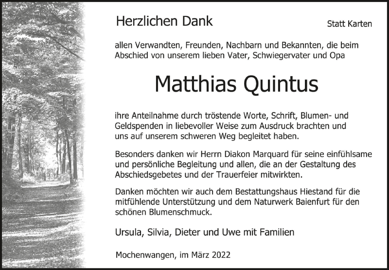  Traueranzeige für Matthias Quintus vom 19.03.2022 aus Schwäbische Zeitung