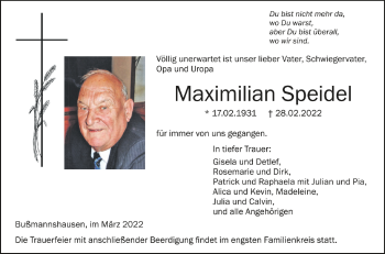 Anzeige von Maximilian Speidel von Schwäbische Zeitung