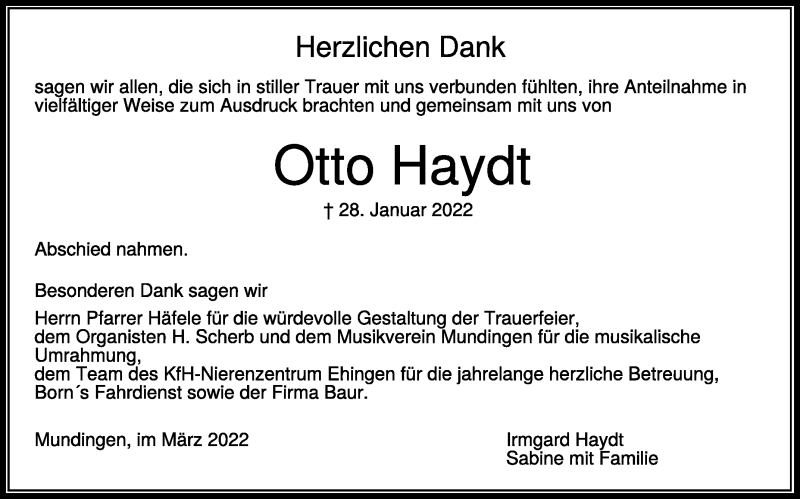  Traueranzeige für Otto Haydt vom 04.03.2022 aus Schwäbische Zeitung