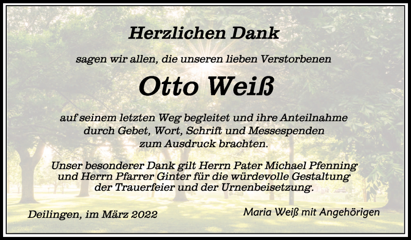  Traueranzeige für Otto Weiß vom 26.03.2022 aus Schwäbische Zeitung